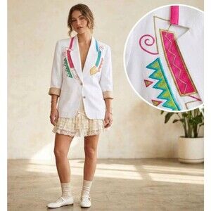 Vtg 80s 90s Geometric Embroidered Blazer Jacket White Abstract Art-To-Wear USA M